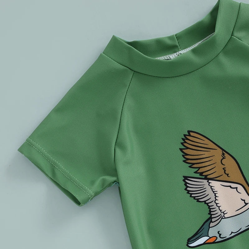 Toddler Baby Boys Rash Guard Swimsuit Set Shark/Duck Print Short Sleeve Round Neck Tops with Shorts and Swim Hat 3 Pcs Set
