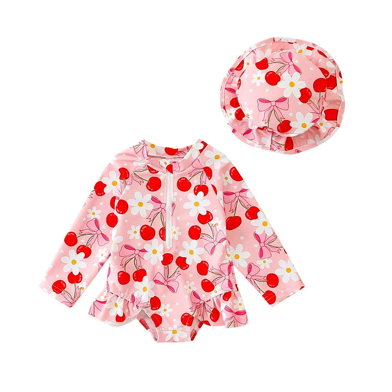 Toddler Baby Girls Rash Guard Swimsuits with Hat 2 Pcs Set Bow Pattern Zip Up Long Sleeve Crew Neck Baby Girls Swimwears