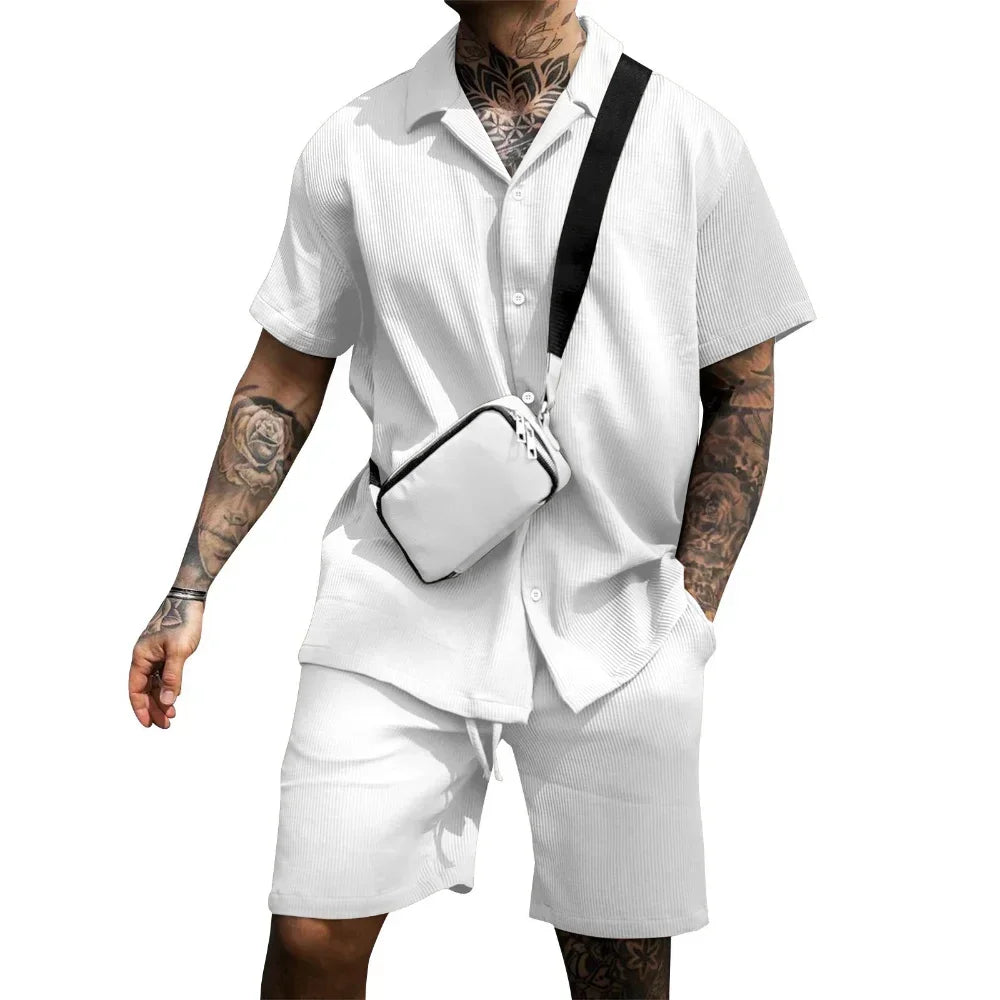 2024 Summer Solid Casual Losse Men's Sets Soft Single Breasted Shirts Shorts 2 Pieces Sets for Men Fashoin Polo Sweatpants Suit