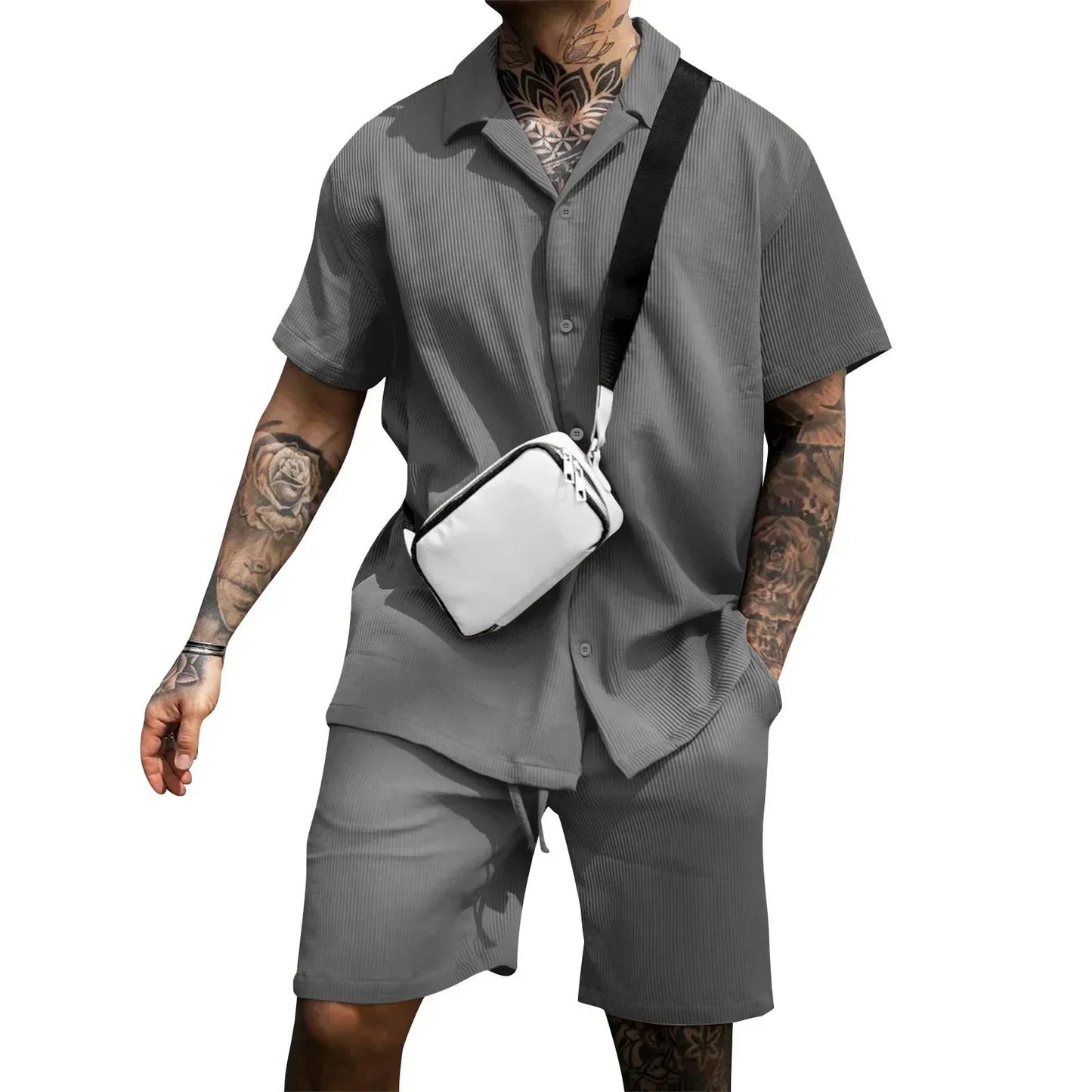 2024 Summer Solid Casual Losse Men's Sets Soft Single Breasted Shirts Shorts 2 Pieces Sets for Men Fashoin Polo Sweatpants Suit