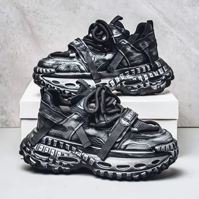 Increase 5~6CM Thick Sports Shoes Men's Tire Sole Running Shoes Fashion Casual Leather Casual All-match Outdoor Men's Shoes