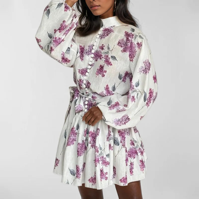 Vintage Printed Lace-Up Shirt Dress For Women Spring Summer Fashion Ruffled Pleated Long Sleeve High Street Women's Mini Dresses