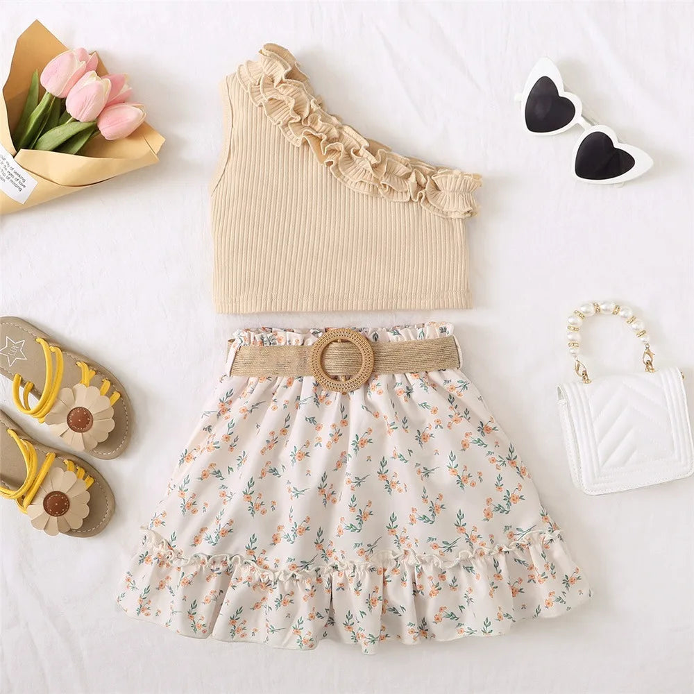 Kids Baby Girl Clothes Set Retro Off-Shoulder Top+ Flowers Skirt Summer Cute Sense Of Design Suit For Child Girl 1-6 Years