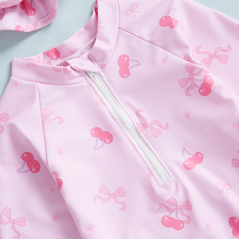 Toddler Baby Girls Rash Guard Swimsuits with Hat 2 Pcs Set Bow Pattern Zip Up Long Sleeve Crew Neck Baby Girls Swimwears
