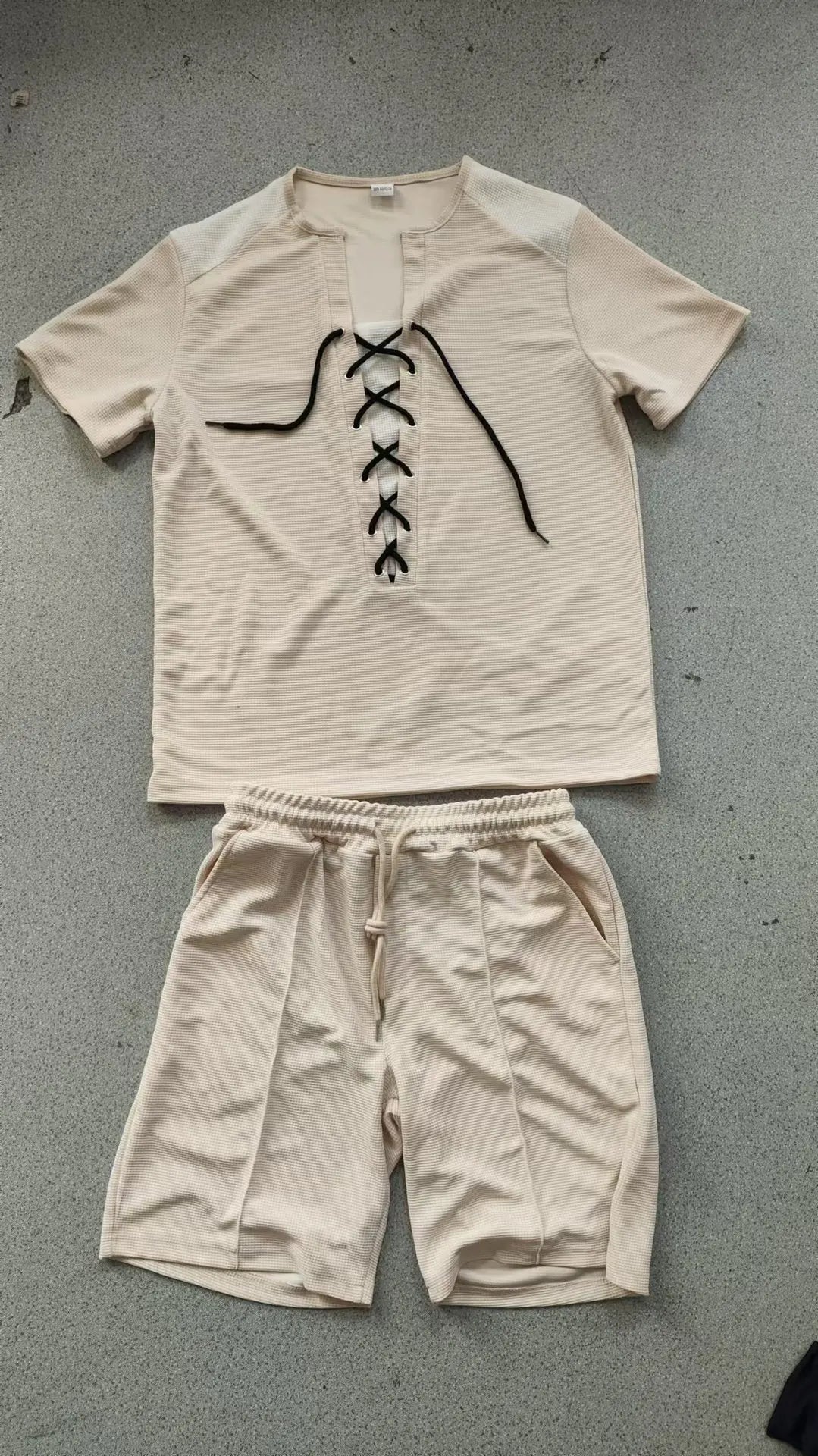 2025 summer men's new leisure fashion city wear rope round neck T trend Waffle short-sleeved shorts two-piece suit