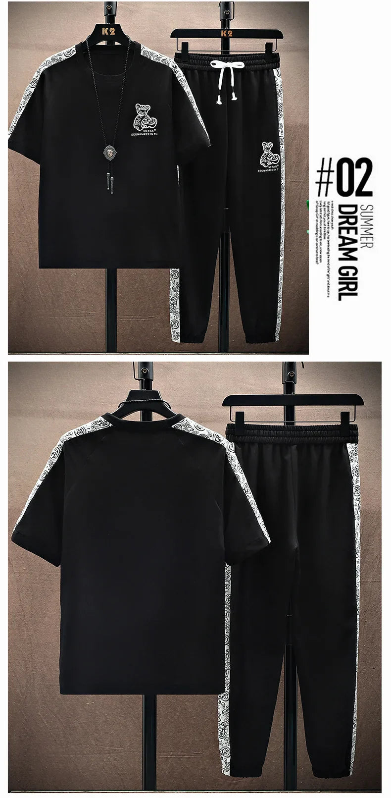 Summer Men's Trousers Tracksuit 2 Piece Set Fashion Tops Tees Ice silk Short Sleeve T Shirt+Pants Vintage Casual Sweatpants
