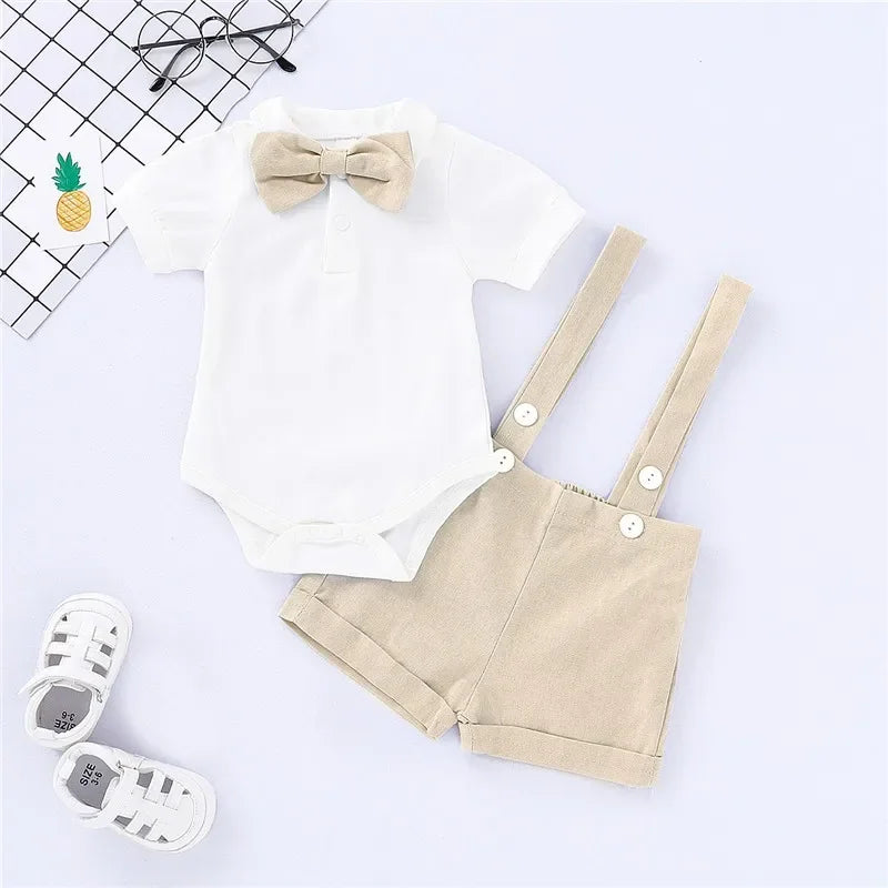0-2 Years Baby Boy Mini Gentlemen Outfits Wedding Party Set Peter Pan Collar Cotton Romper+Suspender Shorts Summer 2PCS Suit