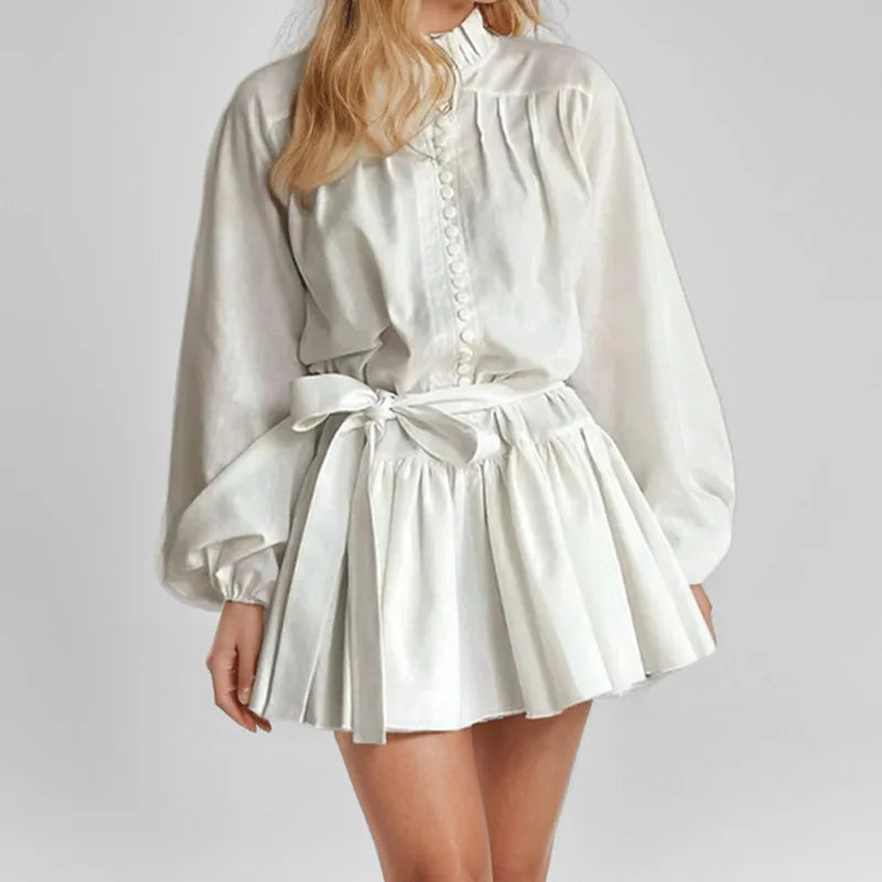 Vintage Printed Lace-Up Shirt Dress For Women Spring Summer Fashion Ruffled Pleated Long Sleeve High Street Women's Mini Dresses