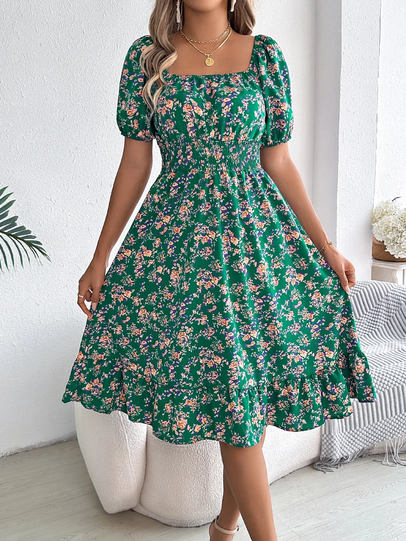 Summer Women's Beach Dress Floral 3D Print Square Neck Short-Sleeved Ladies Waist Ruffled A-Line Dress For Women Holiday Dresses