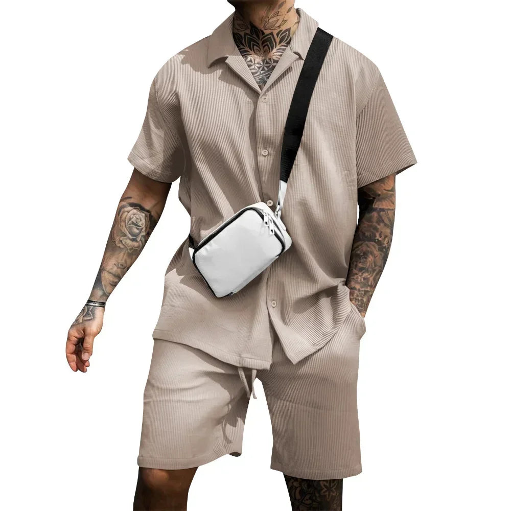2024 Summer Solid Casual Losse Men's Sets Soft Single Breasted Shirts Shorts 2 Pieces Sets for Men Fashoin Polo Sweatpants Suit