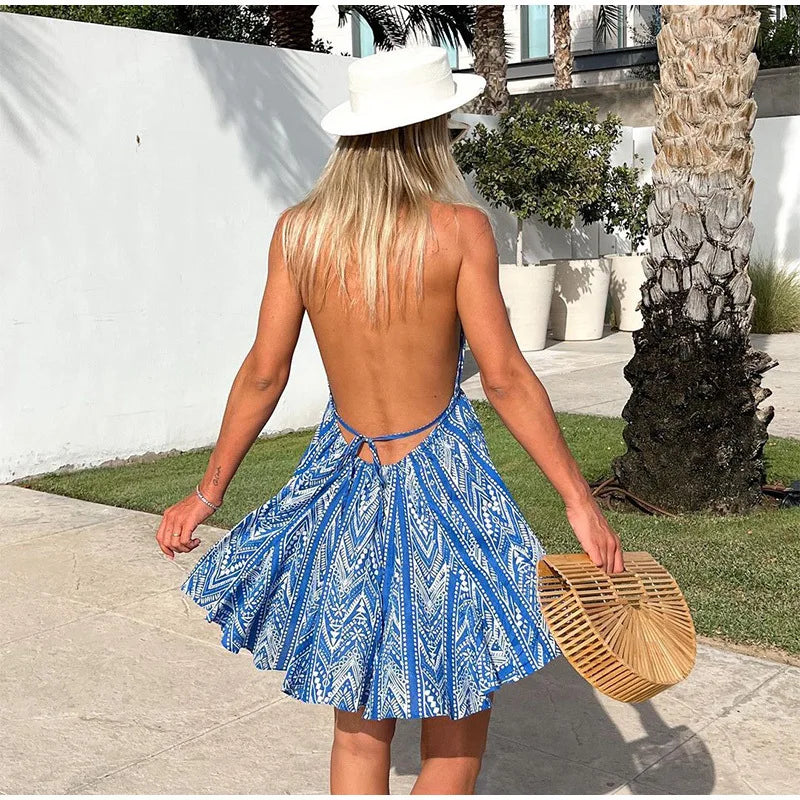 Sexy Halter Neck Beach Dresses For Women Printed Deep V-neck Backless Mini A-line Dress Chic Party Vacation Casual Lady Vestidos