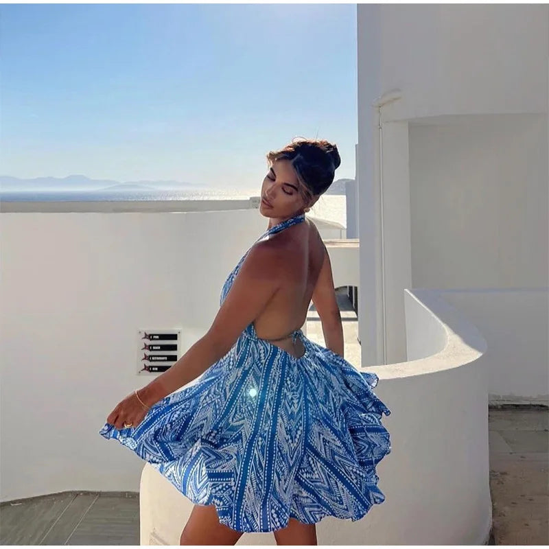 Sexy Halter Neck Beach Dresses For Women Printed Deep V-neck Backless Mini A-line Dress Chic Party Vacation Casual Lady Vestidos