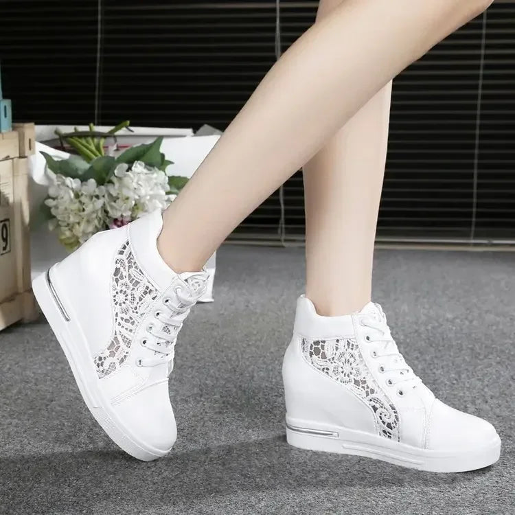 Women Wedge Platform Sneakers Rubber Leather High Heels Lace Up Shoes Pointed Toe Height Increasing Creepers White 2024