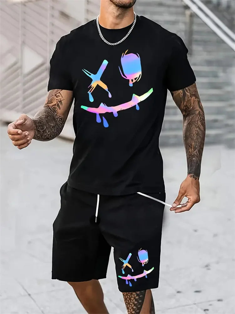 2025 Men's Fashion T-shirt Shorts Set Fun Printed Sportswear Two Piece Set Summer Oversized Men's Casual Hip Hop Street Wear M-3