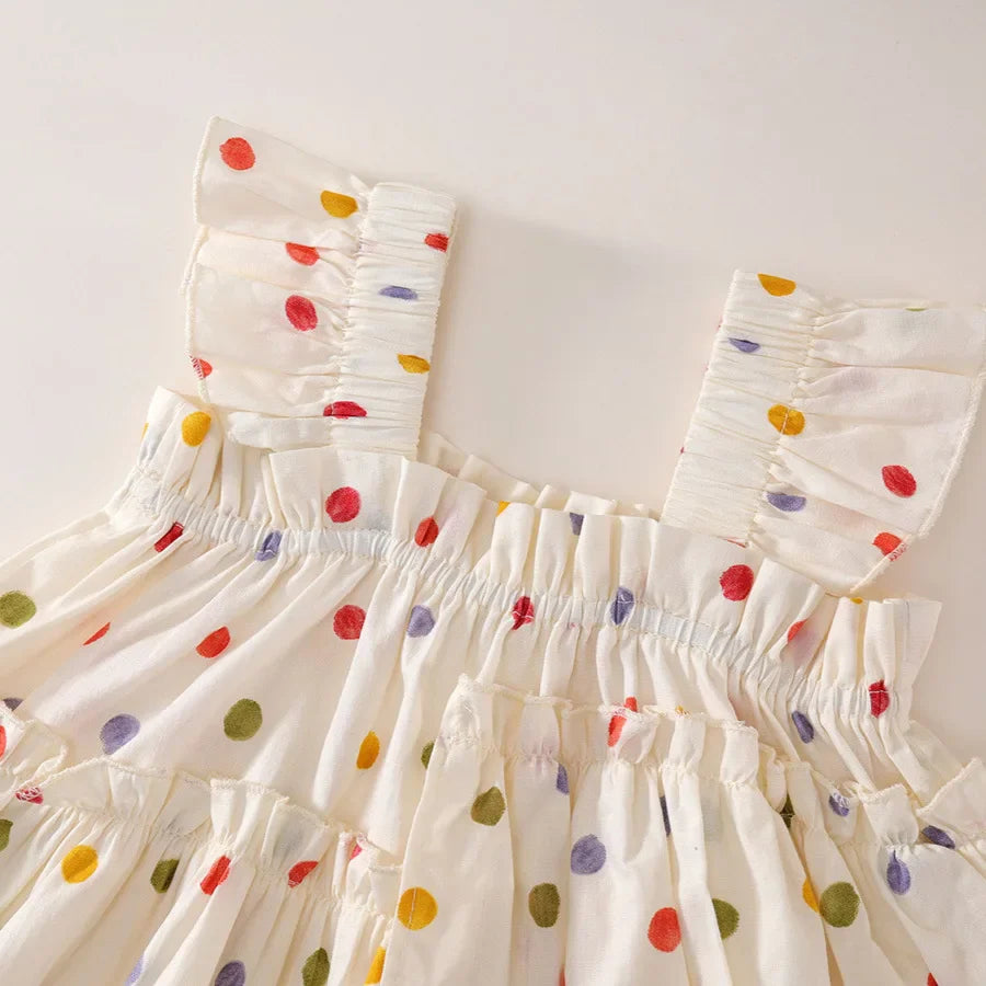2025 Summer Korean Style All Cotton Girls’ Sweet Fashion Colorful Polka Dot Two-Piece Set - Halter Top & Wide Leg Pants