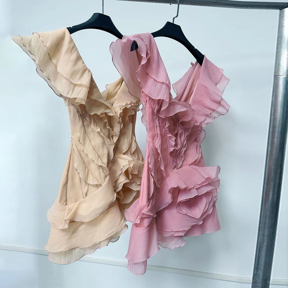 VGH Sexy Short Dress For Women Slash Neck Off The Shoulder Sleeve Backless High Waist Spliced Ruffles Dresses Female Fashion New