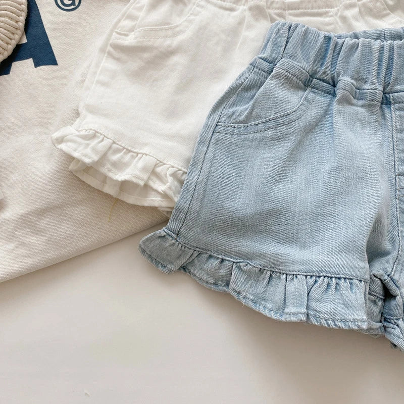 MILANCEL Girls Shorts Summer Kids Clothes Ruffle Trousers Elastic Waist Solid Cotton