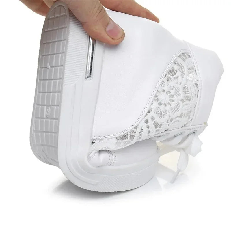Women Wedge Platform Sneakers Rubber Leather High Heels Lace Up Shoes Pointed Toe Height Increasing Creepers White 2024