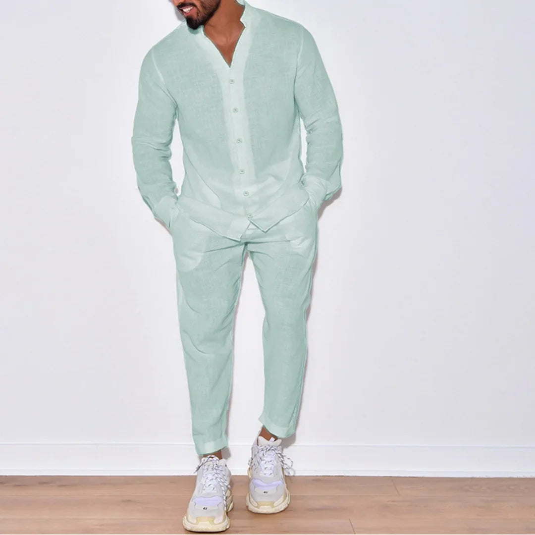 Autumn men's new fashion casual linen suit long sleeve overalls single breasted solid color button suit