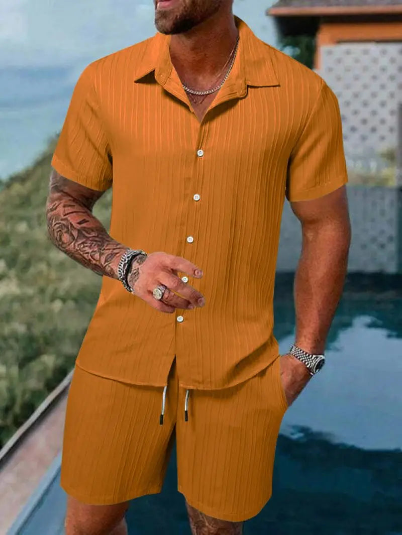 Spring and summer Europe and the United States new men's striped jacquard beach suit loose shorts shirt