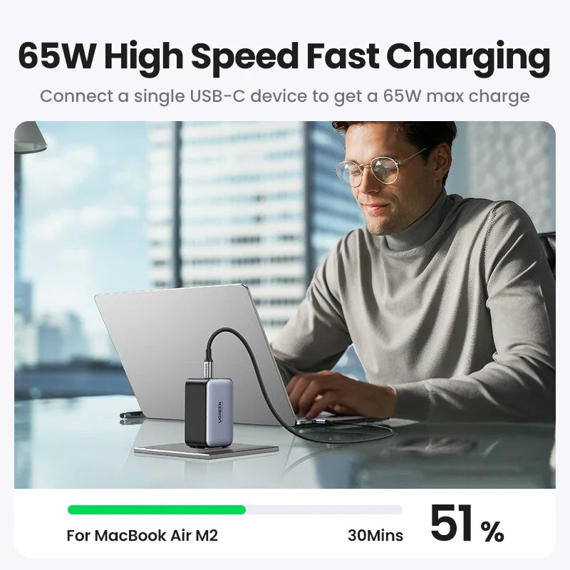 UGREEN 65W GaN зарядний пристрій Quick Charge 4.0 3.0 USB C зарядний пристрій для iPhone 16 15 14 Pro Max ноутбука Macbook Air планшета PD швидка зарядка