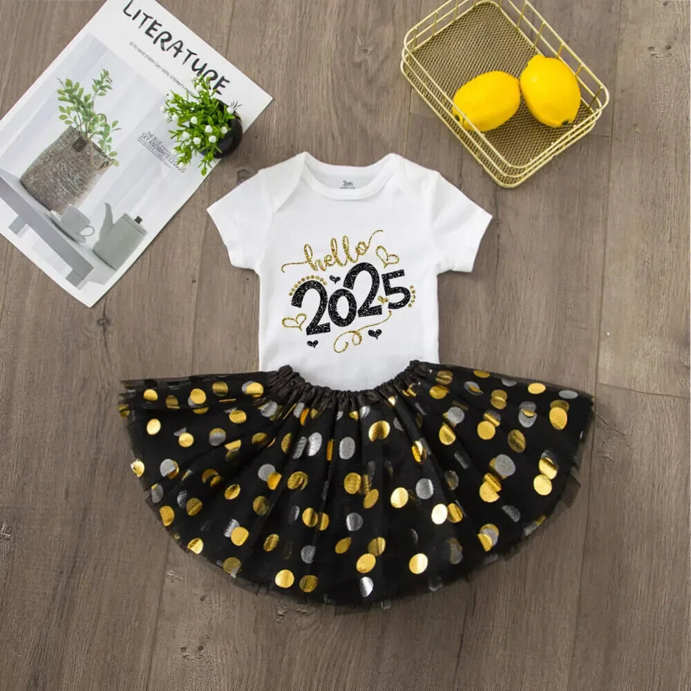Hello 2025 Print 2 Piece Baby Girls Bodysuit Dress Set New Year Girl Short Sleeve Romper + Tutu Skirt Infant Dresses Set Outfit