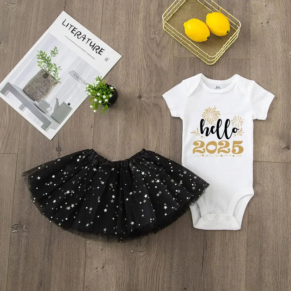 Hello 2025 Print 2 Piece Baby Girls Bodysuit Dress Set New Year Girl Short Sleeve Romper + Tutu Skirt Infant Dresses Set Outfit