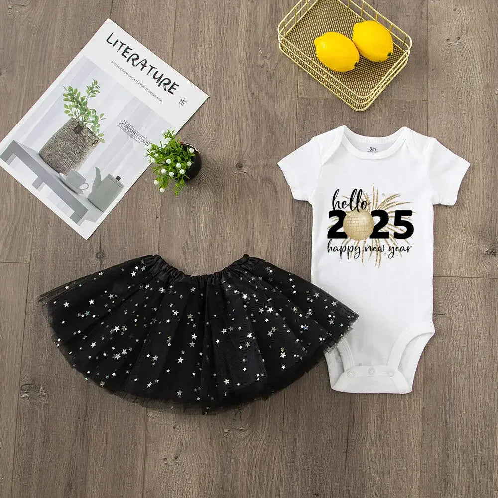 Hello 2025 Print 2 Piece Baby Girls Bodysuit Dress Set New Year Girl Short Sleeve Romper + Tutu Skirt Infant Dresses Set Outfit