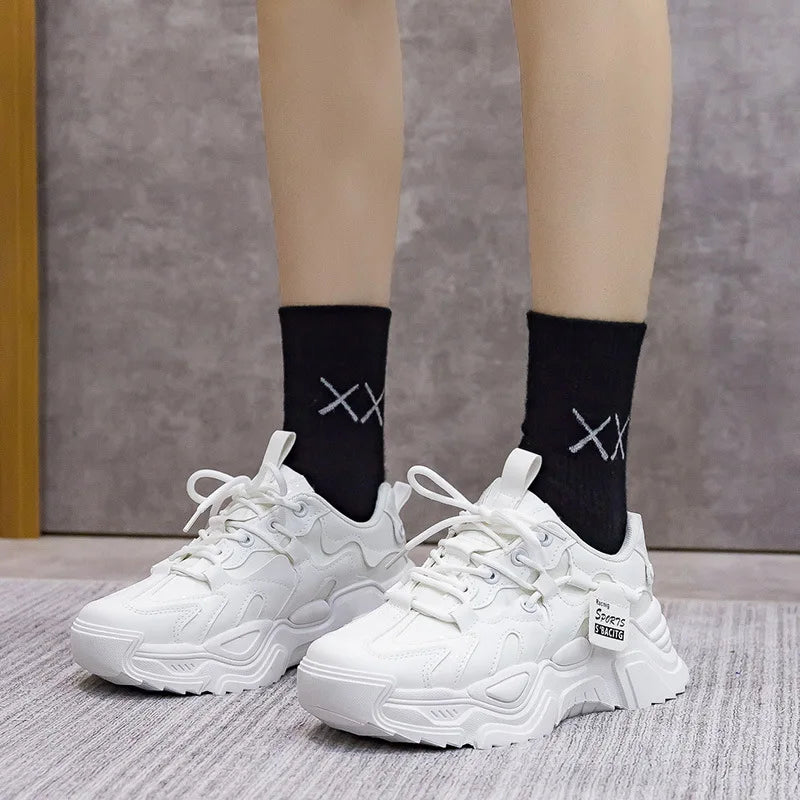 2025 Chunky Womens Leather Sneakers Casual Sports Shoes Female Solid Simple Vulcanized Shoes Luxury Brand Running Trainers Mujer