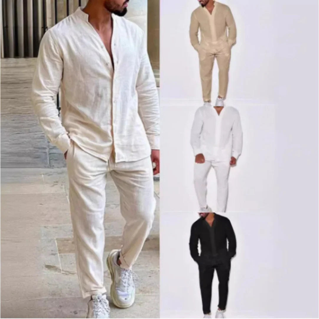 Autumn men's new fashion casual linen suit long sleeve overalls single breasted solid color button suit