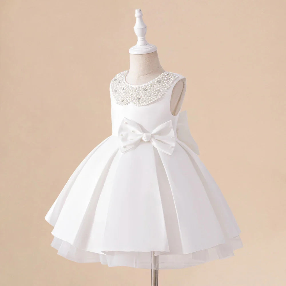 Baby Party Dress Girl Beading Bow Birthday Dress Flower Wedding Beading Toddler Kids Baptism Princess Christening Costume