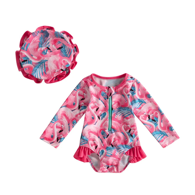 Toddler Infant Girls Swimsuit Cute Strawberry Floral Print Baby Girls Swimwear Summer Beachwear Children Bathing Suit Sun Hat