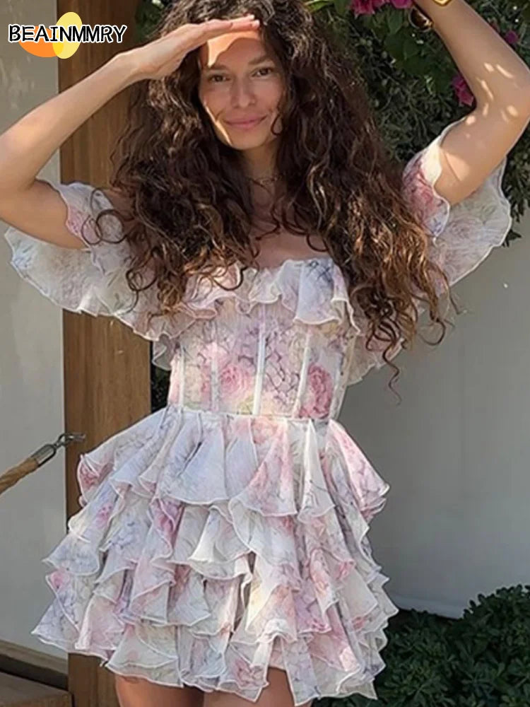 Women Summer Off Shoulder Tie-dye Pleated Mini Dress Fashion Print Flower Slim Vestido 2025 Ladies Out Vocation Beach Party Wear