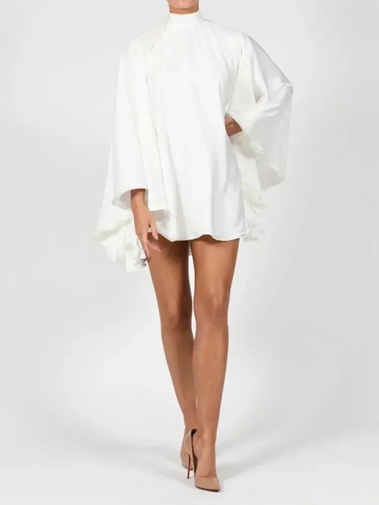 Modigirl Women's White Turtleneck Long Ruffled Sleeves Backless Dress 2025 Summer Spring New Elegant Party Mini Dress Woman