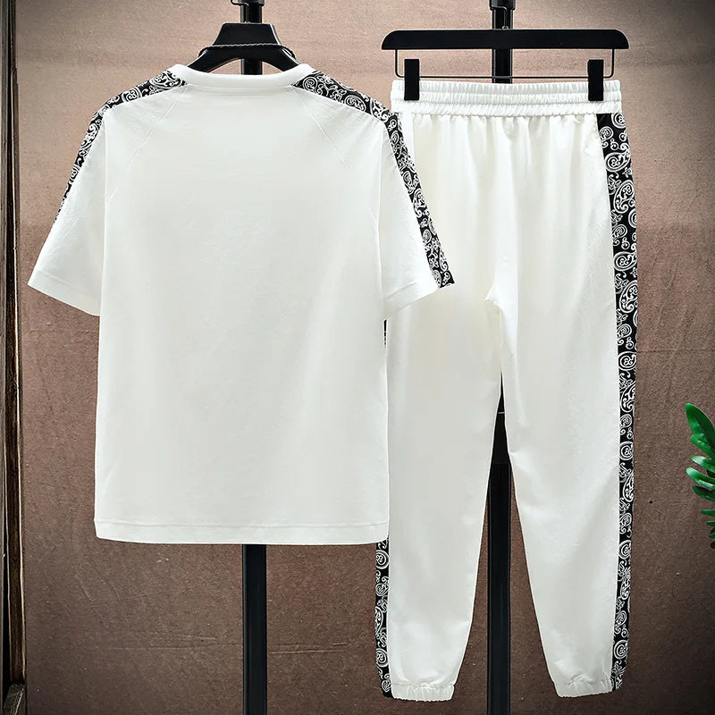 Summer Men's Trousers Tracksuit 2 Piece Set Fashion Tops Tees Ice silk Short Sleeve T Shirt+Pants Vintage Casual Sweatpants