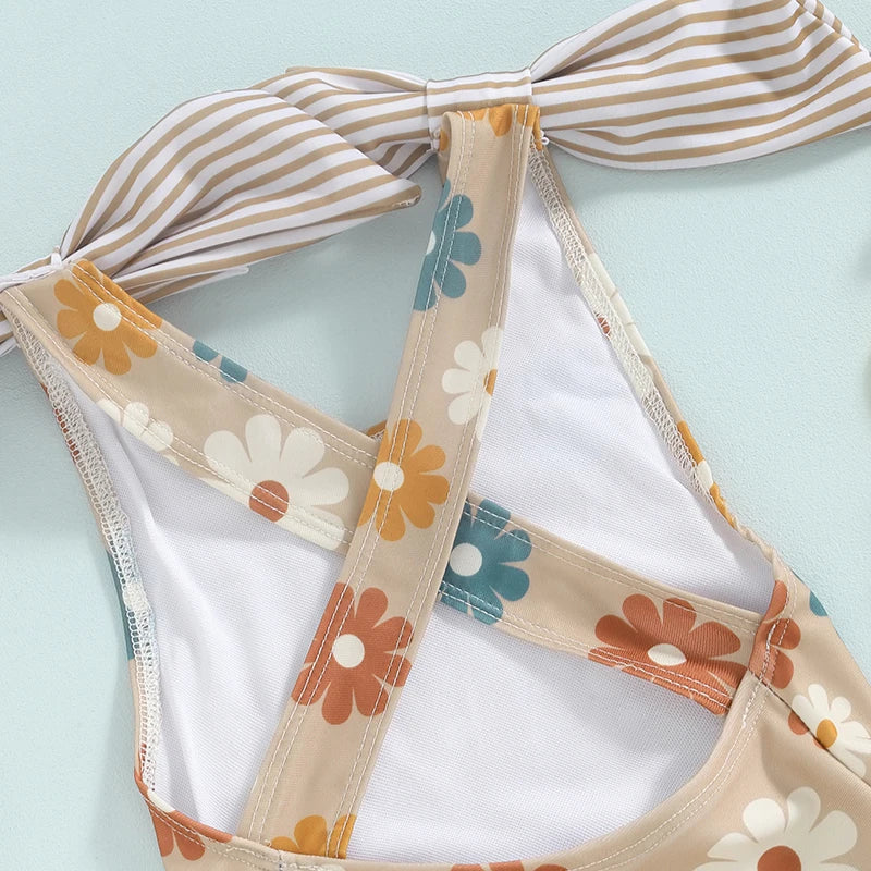 Tregren Kids Girls Swimsuit Floral Print Bowknot Shoulder Straps Swimwear Sleeveless Ruffles Monokini Summer Beach Bathing Suits