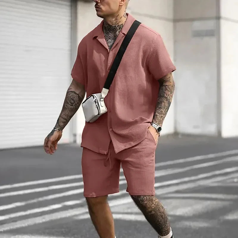 2024 Summer Solid Casual Losse Men's Sets Soft Single Breasted Shirts Shorts 2 Pieces Sets for Men Fashoin Polo Sweatpants Suit