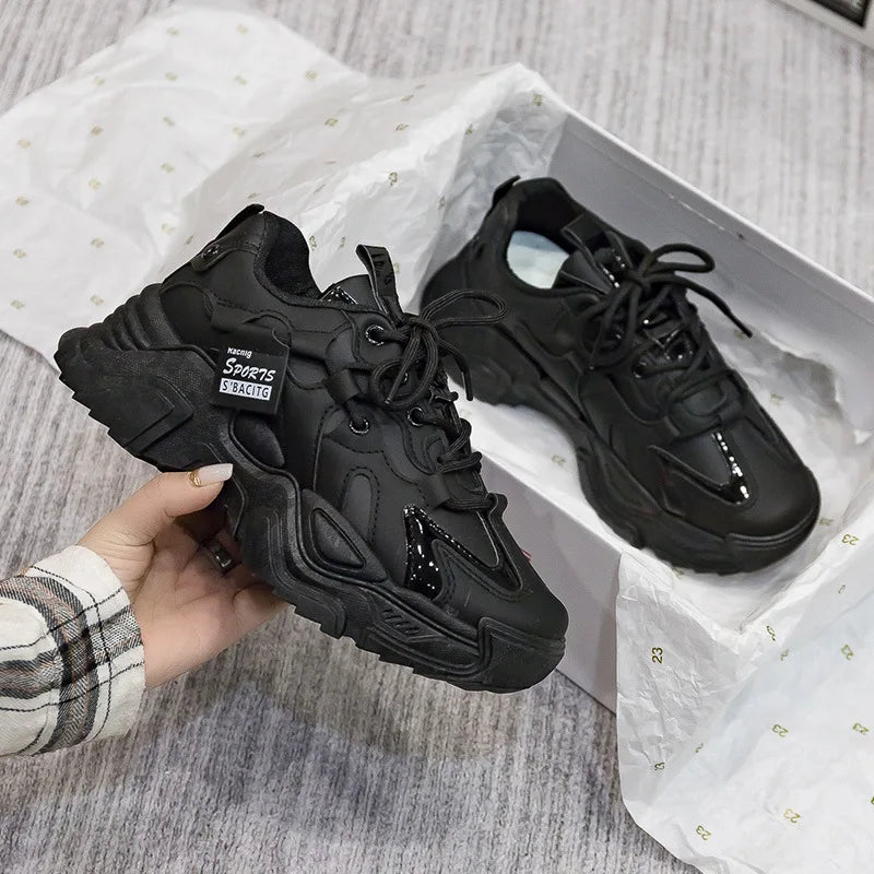 2025 Chunky Womens Leather Sneakers Casual Sports Shoes Female Solid Simple Vulcanized Shoes Luxury Brand Running Trainers Mujer
