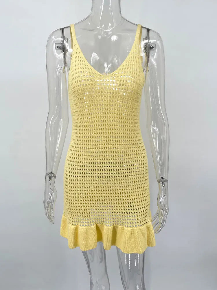 Tossy Knit Ruffled Hollow Out Mini Dress Female V-Neck See-Through Holiday Beach Casual Clothes Summer Women's Knitwear Dress