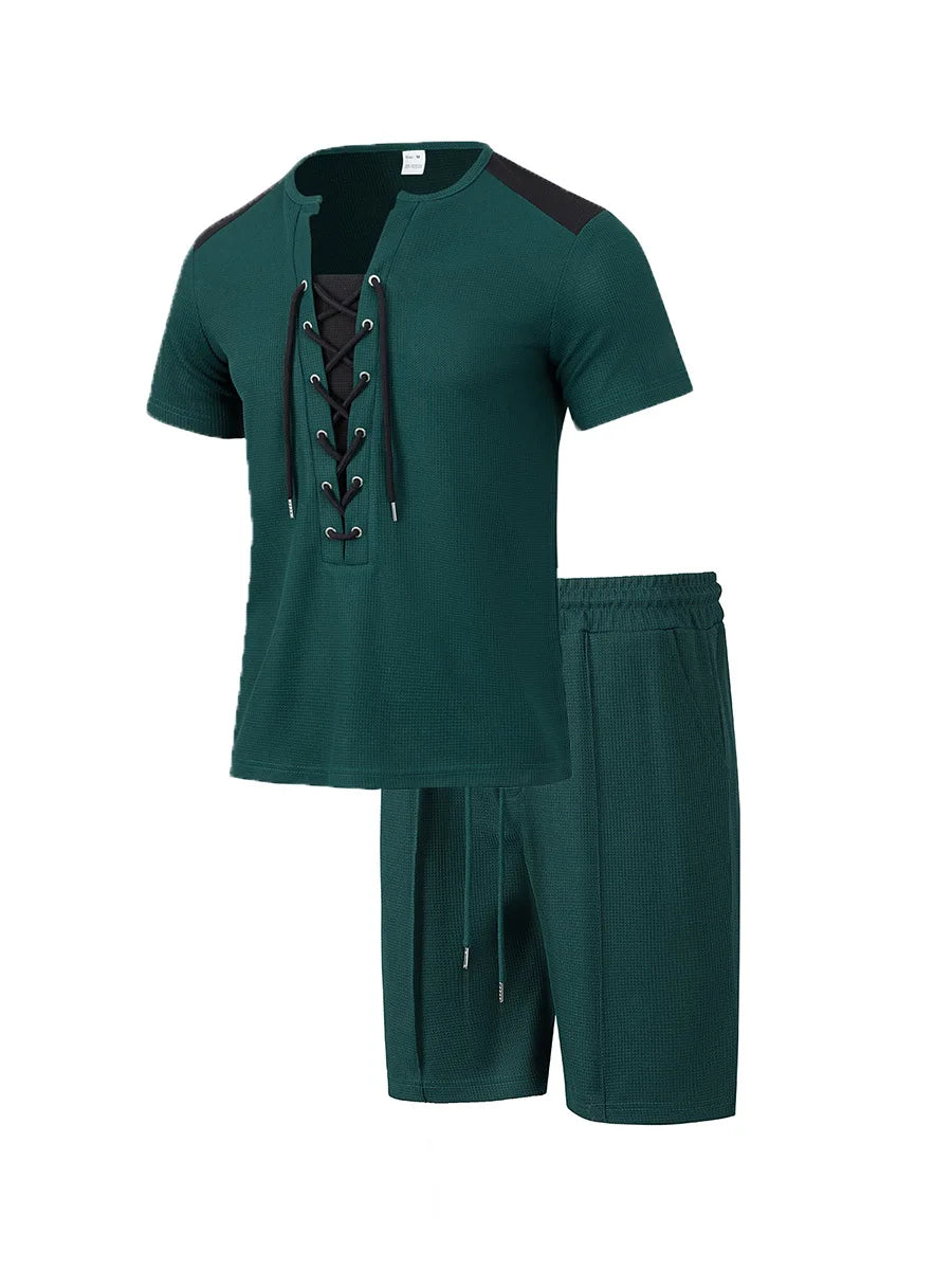 2025 summer men's new leisure fashion city wear rope round neck T trend Waffle short-sleeved shorts two-piece suit
