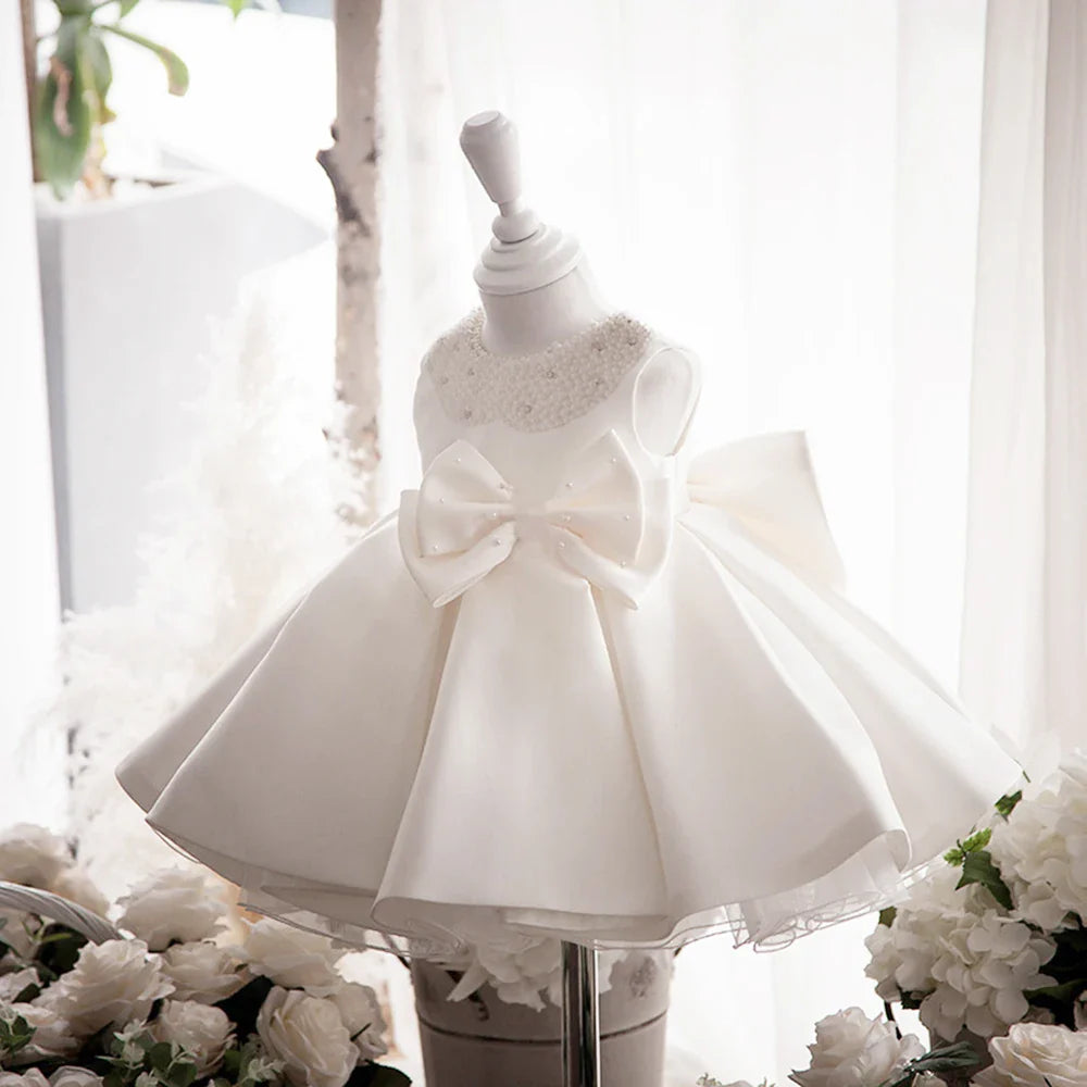 Baby Party Dress Girl Beading Bow Birthday Dress Flower Wedding Beading Toddler Kids Baptism Princess Christening Costume