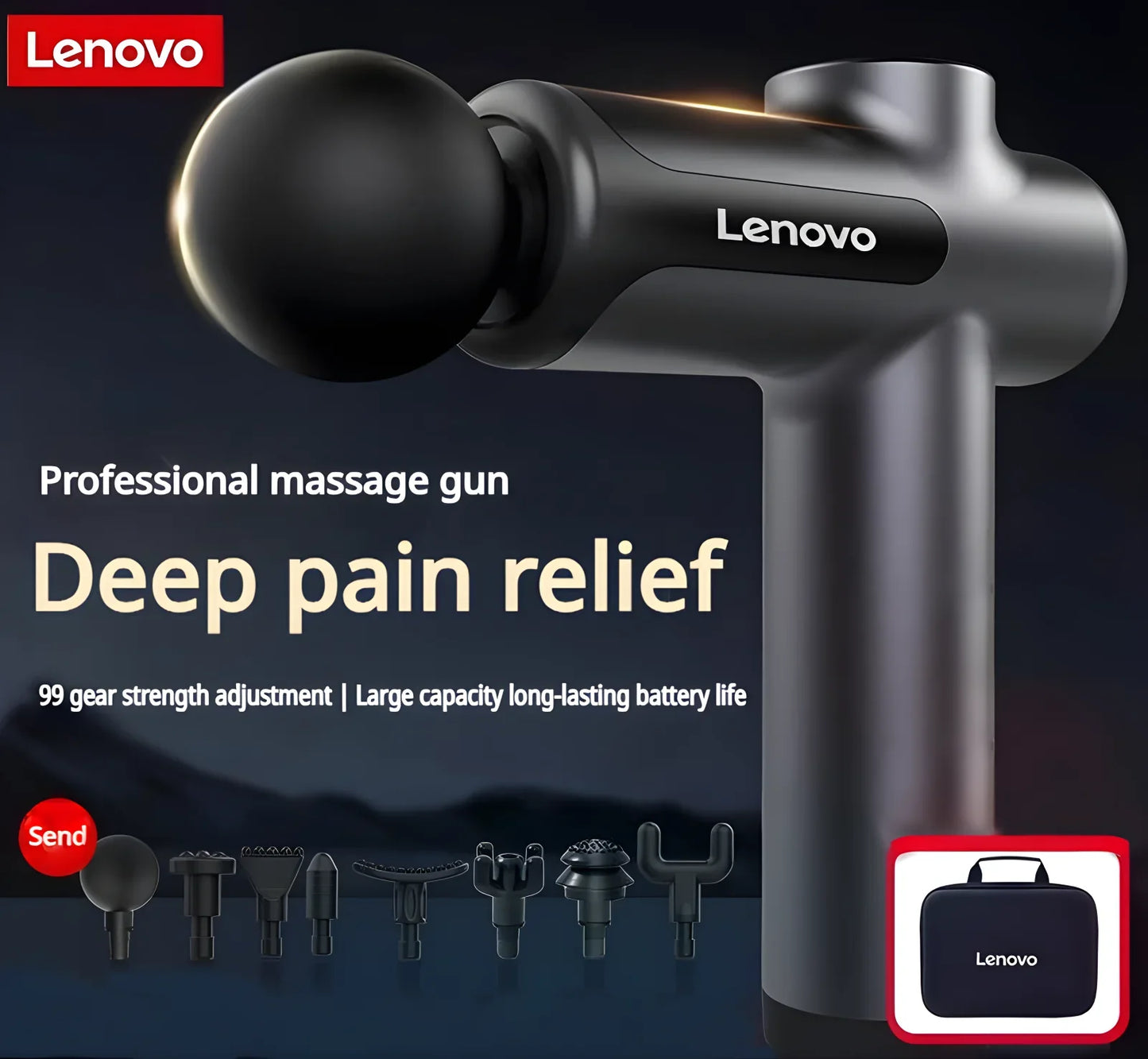 Пістолет для фасції бренду Lenovo глибоко знімає м’язову біль, обладнання для фітнесу та релаксації з LED сенсорним екраном, 8 масажних насадок, подарунки