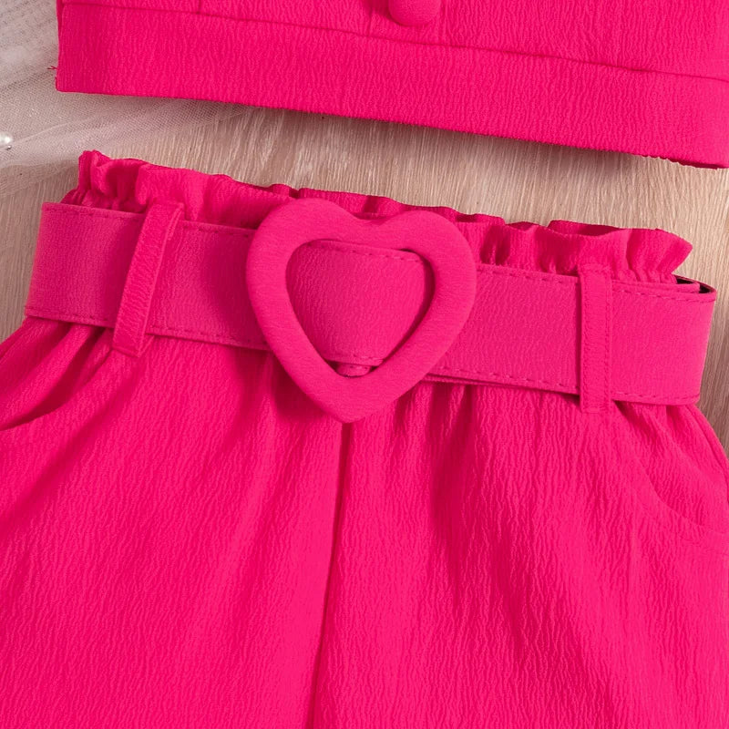 Children's Clothing Set Summer New Strap Ruffle Short Top+Girls' Lace Shorts with Belt