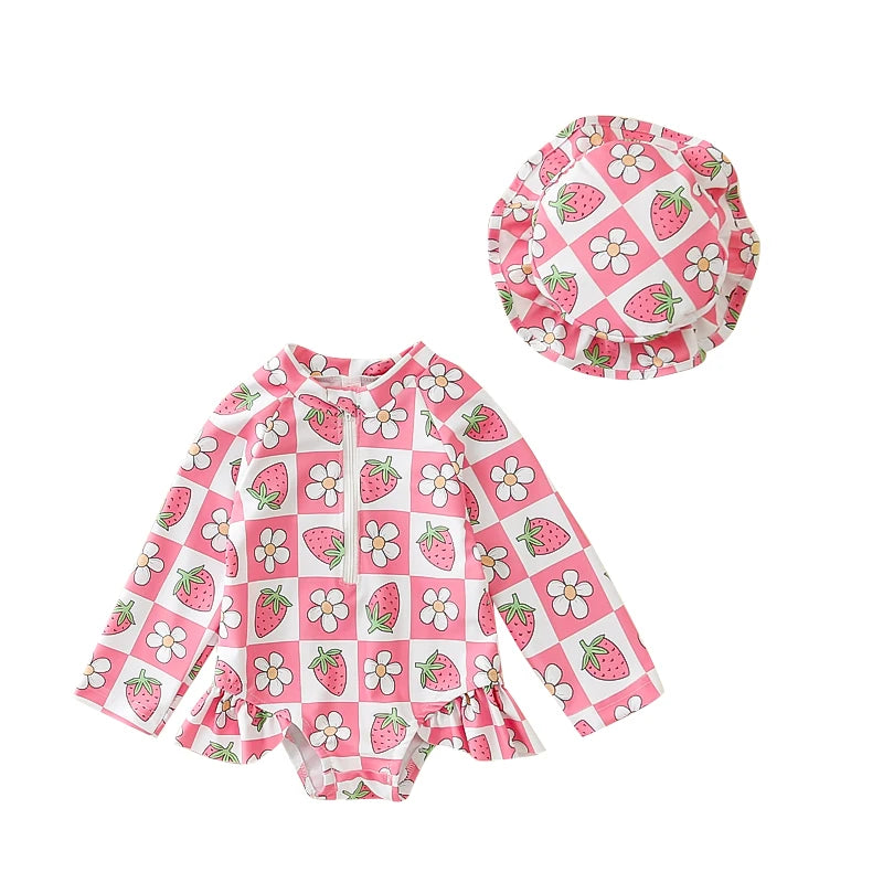 Toddler Baby Girls Rash Guard Swimsuits with Hat 2 Pcs Set Bow Pattern Zip Up Long Sleeve Crew Neck Baby Girls Swimwears