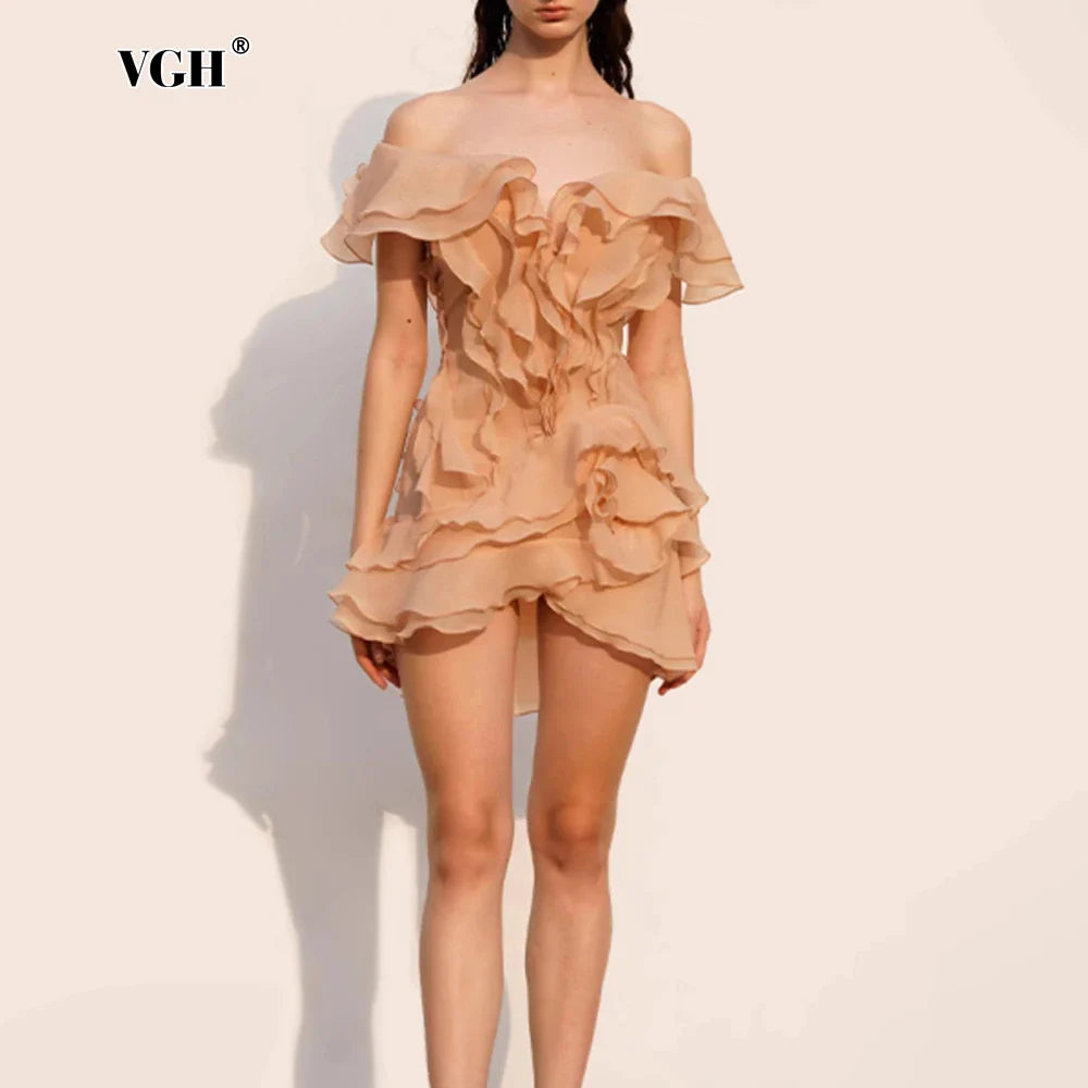 VGH Sexy Short Dress For Women Slash Neck Off The Shoulder Sleeve Backless High Waist Spliced Ruffles Dresses Female Fashion New