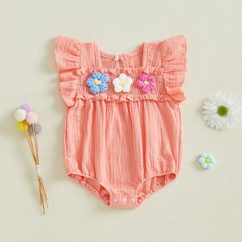 2025-01-02 Lioraitiin Baby Girl Romper Smocked Flower Embroidery Flying Sleeve Newborn Jumpsuit Perfect Summer