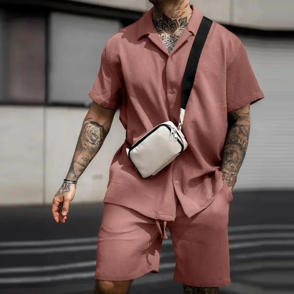 2024 Summer Solid Casual Losse Men's Sets Soft Single Breasted Shirts Shorts 2 Pieces Sets for Men Fashoin Polo Sweatpants Suit