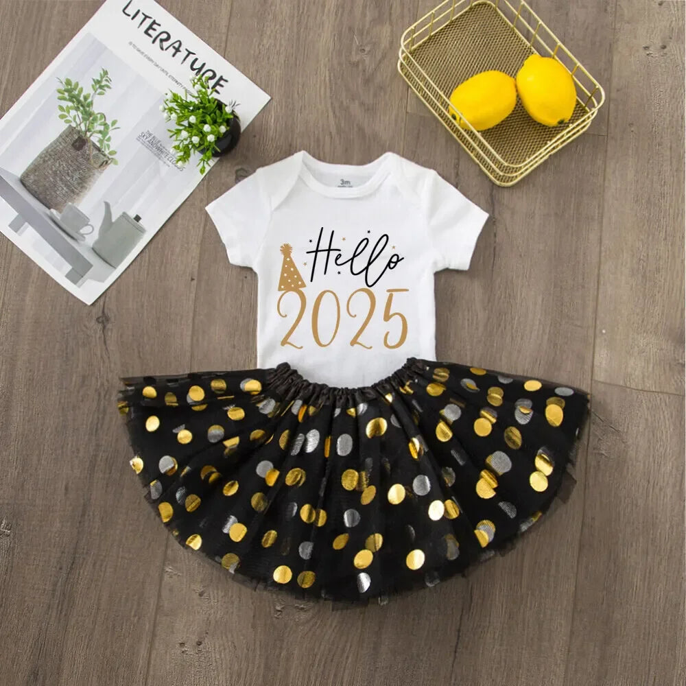 Hello 2025 Print 2 Piece Baby Girls Bodysuit Dress Set New Year Girl Short Sleeve Romper + Tutu Skirt Infant Dresses Set Outfit
