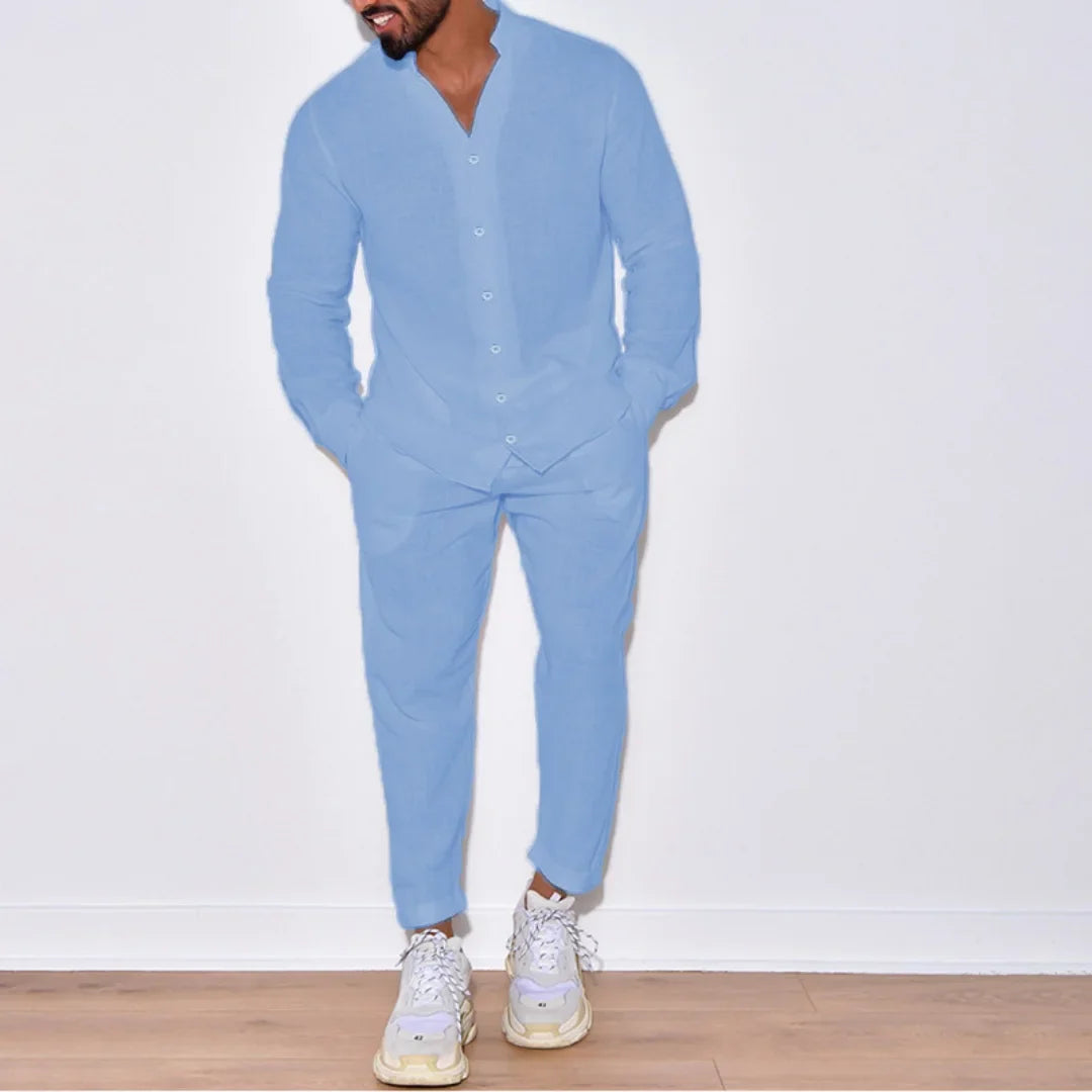 Autumn men's new fashion casual linen suit long sleeve overalls single breasted solid color button suit