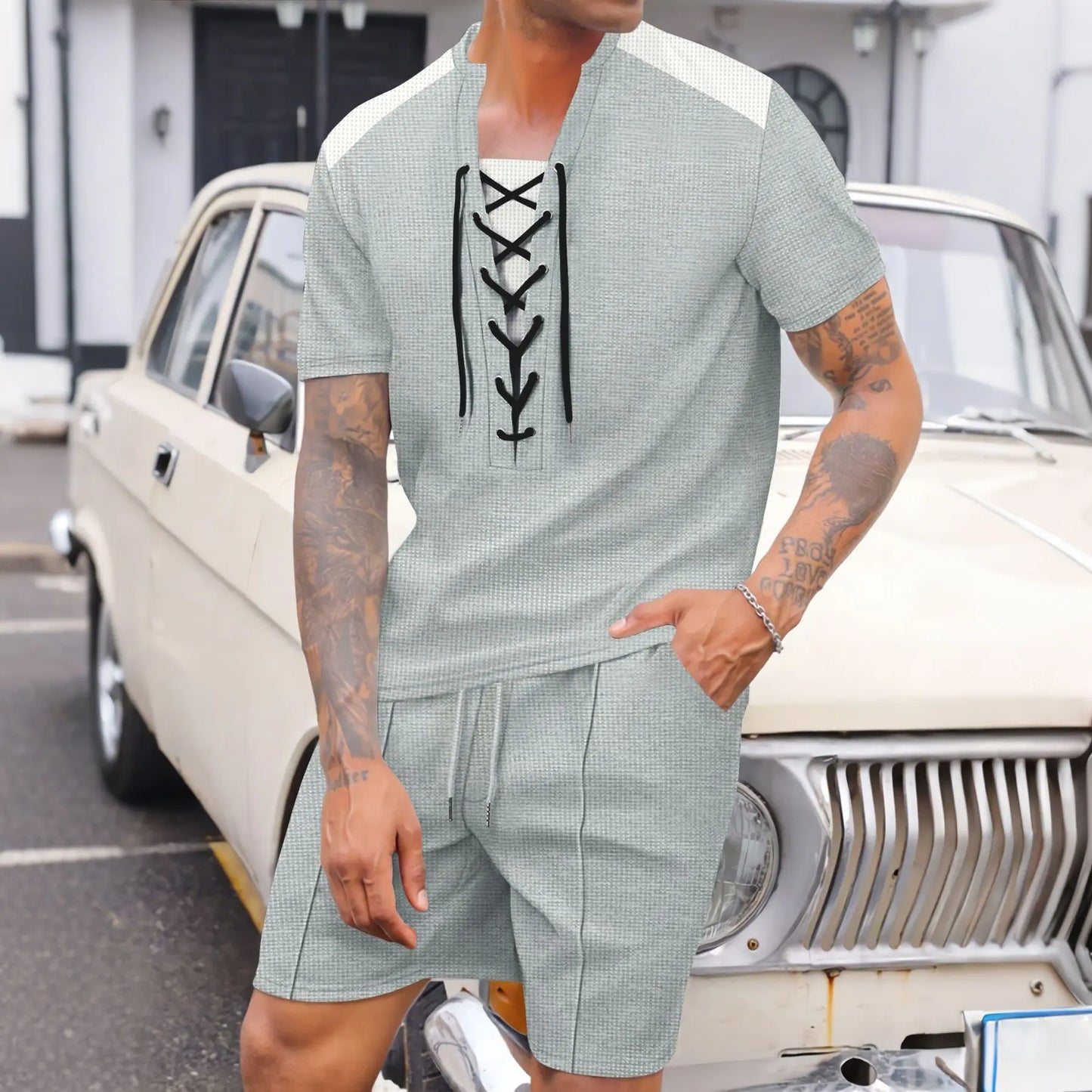 2025 summer men's new leisure fashion city wear rope round neck T trend Waffle short-sleeved shorts two-piece suit